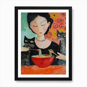 Portrait Of A Girl With Cats Eating Ramen 3 Art Print