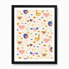 Cute Abstract Folk Art Birds in the Field Multicolor on Cream White Art Print