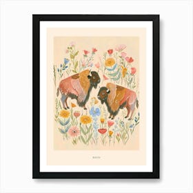 Folksy Floral Animal Drawing Bison Poster Art Print