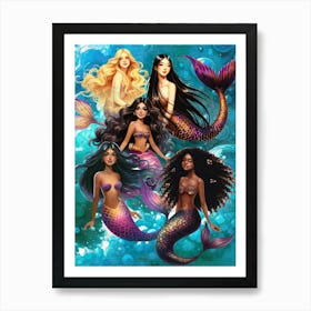 Mermaids, mermaid, friends, girls, kids, teen, children, bubbles, underwater, multiethnic, ocean, sea, water Art Print