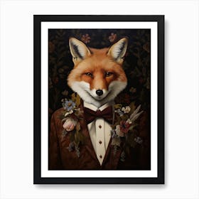 Fox Portrait With Rustic Flowers 7 Art Print