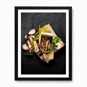Sandwich with sprats onions and parsley — Food kitchen poster/blackboard, photo art Art Print
