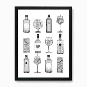 Gin Bottles Black and White Print Poster