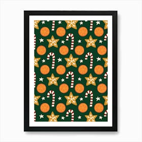 Holiday Spice Folk Art Oranges, Candy Canes, Cookies Rows on Dark Green Art Print