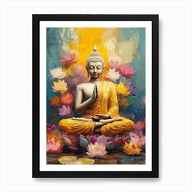 Clam Buddha Surrounded By Colorful Lotus Flower Art Print