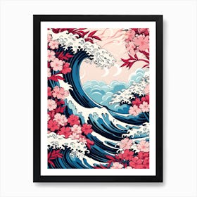 Great Wave With Cherry Blossom Flower Drawing In The Style Of Ukiyo E 3 Art Print