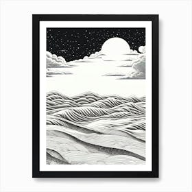 Tottori Sand Dunes In Tottori, Ukiyo E Black And White Line Art Drawing 3 Art Print