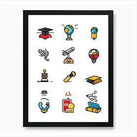 Cartoon Icons Sketched By Hand Illustrating Various Events And Educational Themes Such As A Gradua (1) Art Print