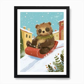 Sloth Bear Cub Sledding Down A Snowy Hill Storybook Illustration 2 Art Print