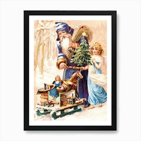 Santa Claus And New Year Are Coming Together With Lots Of Toys Art Print