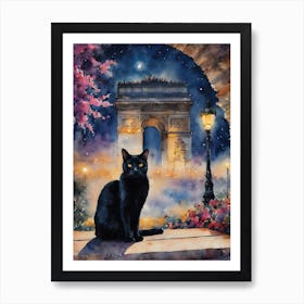 Black Cat by The Arc De Triumph Iconic Paris Cityscape France - Traditional Watercolor Art Print Kitty Travels Home and Room Wall Art Cool Decor Klimt and Matisse Inspired Modern Awesome Cool Unique Pagan Flowers Witchy Witches Familiar Gift For Cat Lady Animal Lovers World Travelling Genuine Works by British Watercolour Artist Lyra O'Brien Art Print