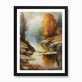 Forest Lake, Autumn Lake, Vintage Oil Painting, Farmhouse Wall Decorations, Antique Landscape, Vintage Landscape Oil Painting.4 3 Art Print