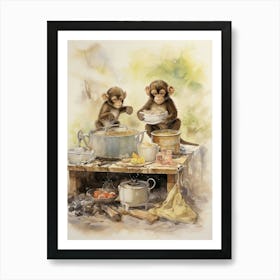 Monkey Painting Cooking Watercolour 1 Art Print