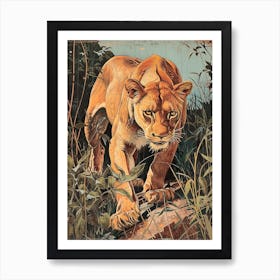 African Lion Relief Illustration Lionesss 3 Art Print