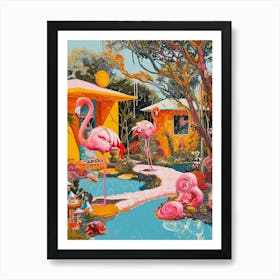 Retro Flamingoes In A Garden 8 Art Print