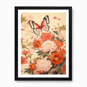 Japanese Style Painting Of A Butterfly With Flowers 1 Art Print