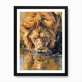 African Lion Drinking From A Watering Hole Acrylic Painting 3 Art Print