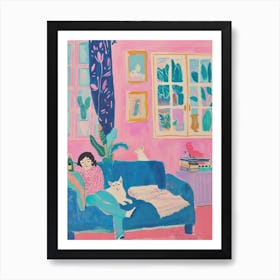 Girl In The Sofa With Pets Tv Lo Fi Kawaii Illustration 8 Art Print