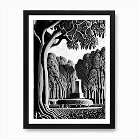 Vigeland Sculpture Park, Norway Linocut Black And White Vintage Art Print