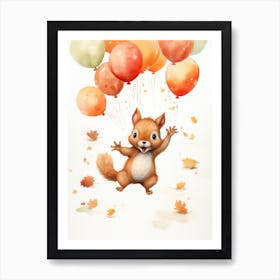 Squirrel Flying With Autumn Fall Pumpkins And Balloons Watercolour Nursery 2 Art Print
