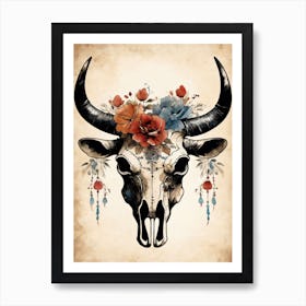 Vintage Boho Bull Skull Flowers Painting (38) Art Print