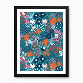 Happy Cats Hiding in the Flower Field - Red, Pink, Navy on Teal Kids Art Print