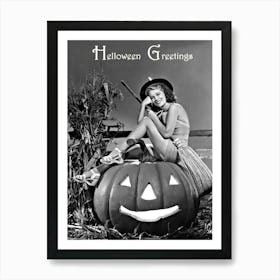 Pin=Up Witch Girl Posing On A Big Pumpkin With A Broom Art Print