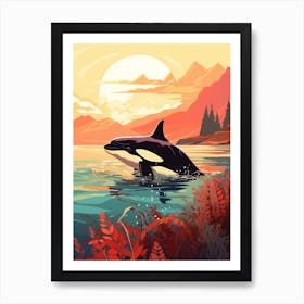 Orca Whale Orange Modern Drawing At Sunset Art Print