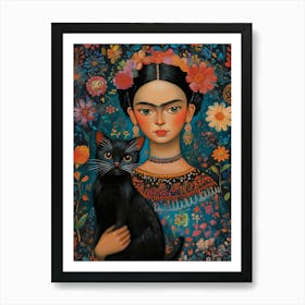 Two Black Cats, Mexican Painting Botanical Floral Art Print