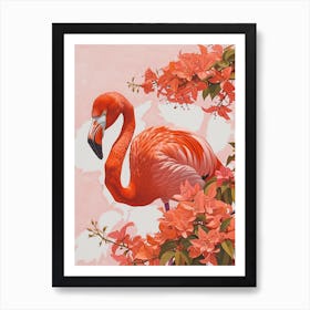 American Flamingo And Bougainvillea Minimalist Illustration 1 Art Print