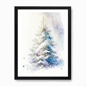 Snowfalkes By Christmas Tree, Snowflakes, Storybook Watercolours 3 Art Print
