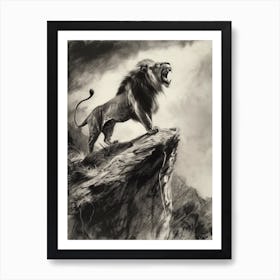 African Lion Charcoal Drawing Roaring On A Cliff 4 Art Print