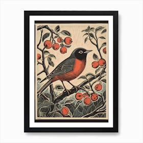 Vintage Bird Linocut European Robin 2 Art Print