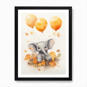 Elephant Flying With Autumn Fall Pumpkins And Balloons Watercolour Nursery 1 Art Print