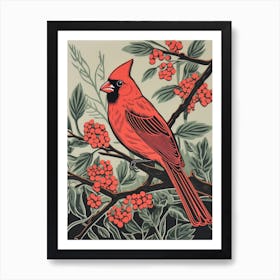 Vintage Bird Linocut Northern Cardinal 2 Art Print