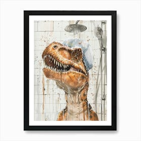 Dinosaur Taking A Shower In A Shower Cap Dripping Paint Art Print