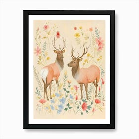 Folksy Floral Animal Drawing Elk 3 Art Print