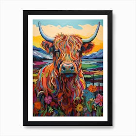 Colourful Patchwork Illustration Of Highland Cow 1 Art Print