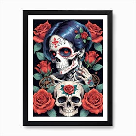 Sugar Skull Girl With Roses Painting (8) Art Print
