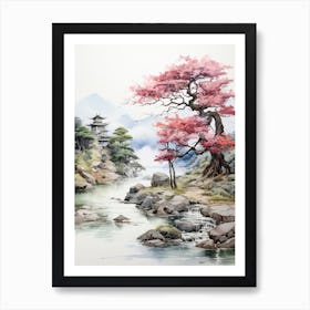 Ritsurin Garden In Kagawa, Japanese Brush Painting, Ukiyo E, Minimal 1 Art Print
