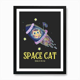 Space Cat Flying In The Sky Art Print