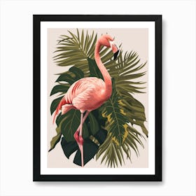 American Flamingo And Alocasia Elephant Ear Minimalist Illustration 1 Art Print