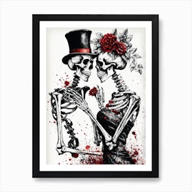 Floral Abstract Kissing Skeleton Lovers Ink Painting (2) Art Print