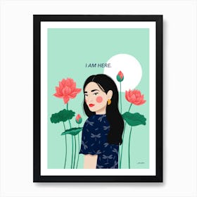 Woman With Lotus Flowers, I Am Here Art Print