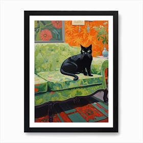Black Cat Sitting In An Green Armchair Nannycore Art Print