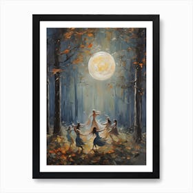 Drawing Down The Moon - Vintage Witches Dancing At Full Moonlight Witchy Art Print And Pagan Painting Wicca Witches Fairytale Cottagecore Witchcore Wheel of The Year Witch Art Print