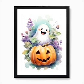 Cute Ghost With Pumpkins Halloween Watercolour 116 Art Print