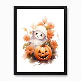 Cute Ghost With Pumpkins Halloween Watercolour 30 Art Print