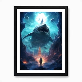 Man Standing In Front Of A Shark 1 Art Print