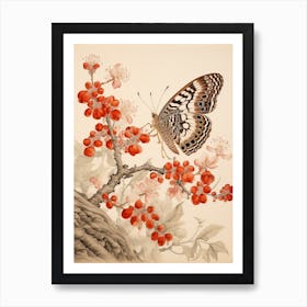 Butterfly With Cranberries Japanese Style Painting 2 Art Print